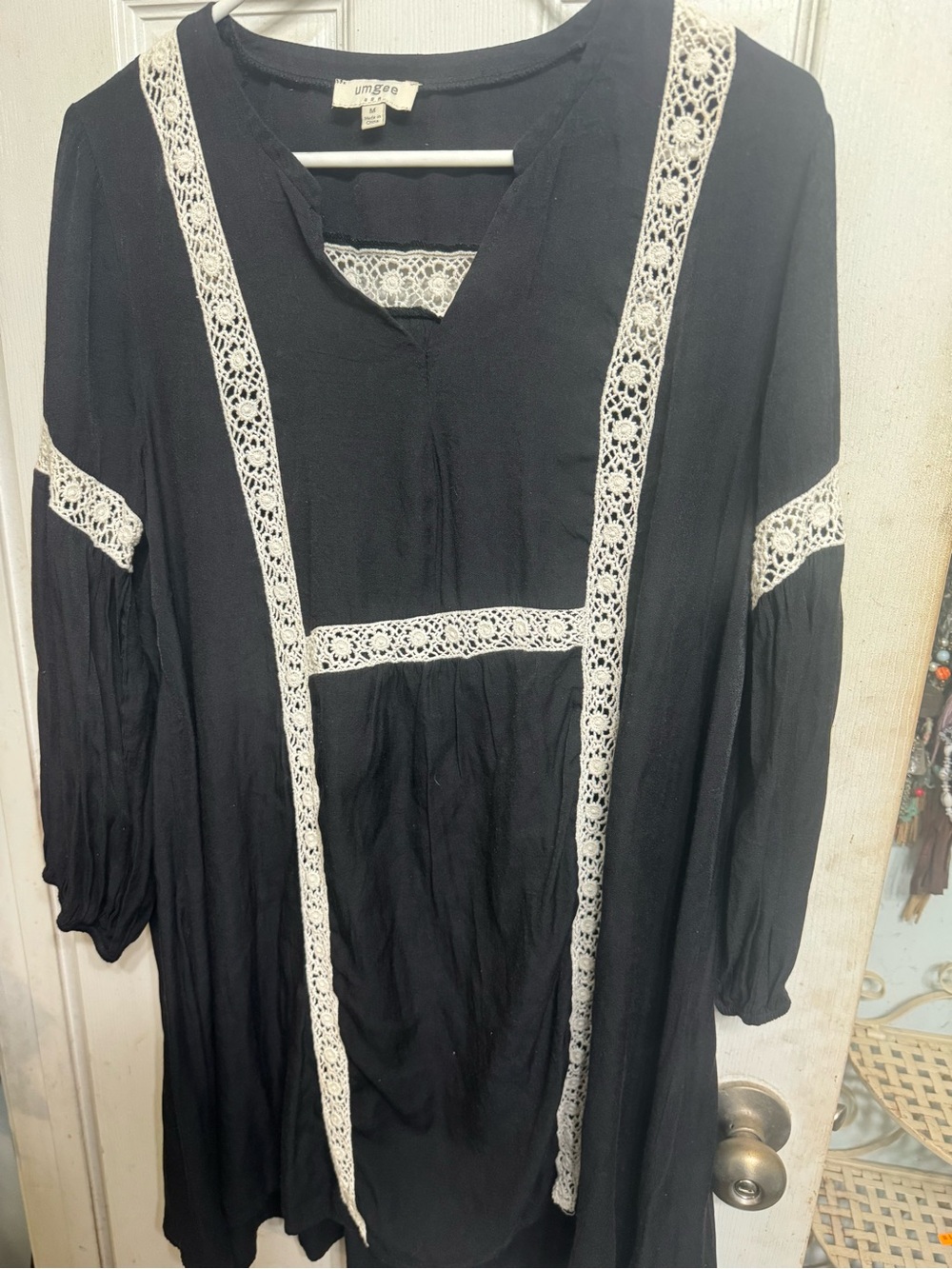 Umgee Black Long-Sleeve Boho Dress with Cream Lace Trim